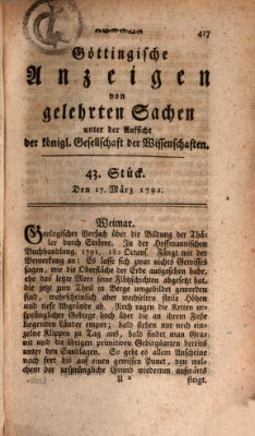 Göttingische Anzeigen von gelehrten Sachen (Göttingische Zeitungen von gelehrten Sachen) Samstag 17. März 1792