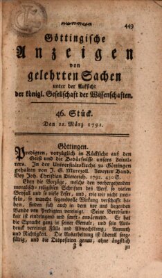 Göttingische Anzeigen von gelehrten Sachen (Göttingische Zeitungen von gelehrten Sachen) Donnerstag 22. März 1792