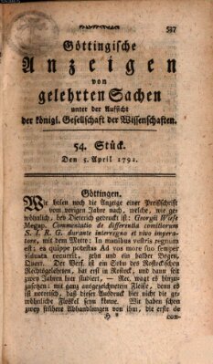 Göttingische Anzeigen von gelehrten Sachen (Göttingische Zeitungen von gelehrten Sachen) Donnerstag 5. April 1792