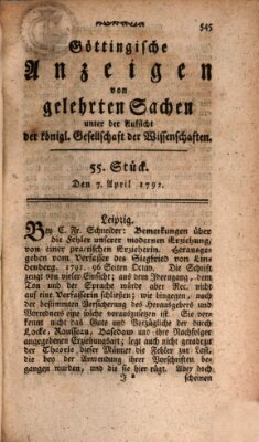 Göttingische Anzeigen von gelehrten Sachen (Göttingische Zeitungen von gelehrten Sachen) Samstag 7. April 1792