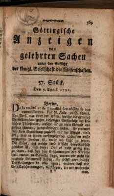 Göttingische Anzeigen von gelehrten Sachen (Göttingische Zeitungen von gelehrten Sachen) Montag 9. April 1792