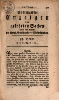 Göttingische Anzeigen von gelehrten Sachen (Göttingische Zeitungen von gelehrten Sachen) Donnerstag 12. April 1792