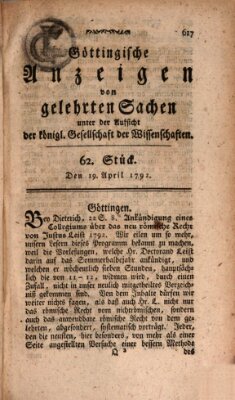 Göttingische Anzeigen von gelehrten Sachen (Göttingische Zeitungen von gelehrten Sachen) Donnerstag 19. April 1792