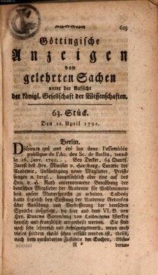 Göttingische Anzeigen von gelehrten Sachen (Göttingische Zeitungen von gelehrten Sachen) Samstag 21. April 1792