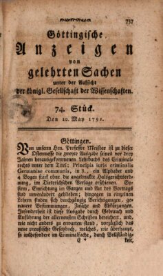 Göttingische Anzeigen von gelehrten Sachen (Göttingische Zeitungen von gelehrten Sachen) Donnerstag 10. Mai 1792