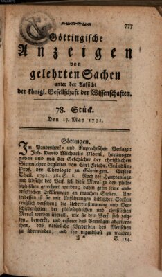 Göttingische Anzeigen von gelehrten Sachen (Göttingische Zeitungen von gelehrten Sachen) Donnerstag 17. Mai 1792