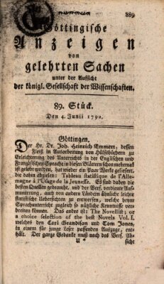 Göttingische Anzeigen von gelehrten Sachen (Göttingische Zeitungen von gelehrten Sachen) Montag 4. Juni 1792