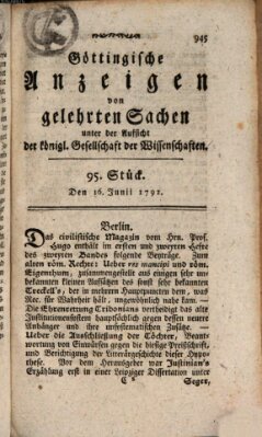 Göttingische Anzeigen von gelehrten Sachen (Göttingische Zeitungen von gelehrten Sachen) Samstag 16. Juni 1792