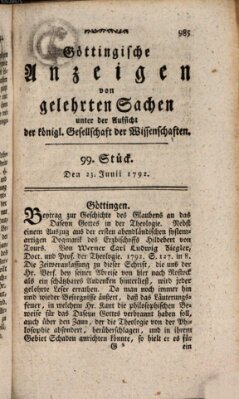 Göttingische Anzeigen von gelehrten Sachen (Göttingische Zeitungen von gelehrten Sachen) Samstag 23. Juni 1792