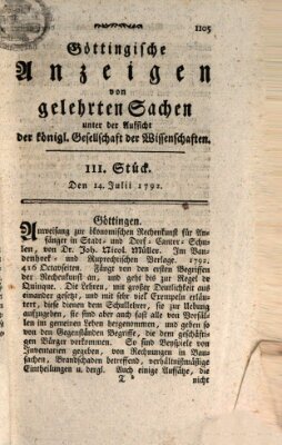 Göttingische Anzeigen von gelehrten Sachen (Göttingische Zeitungen von gelehrten Sachen) Samstag 14. Juli 1792