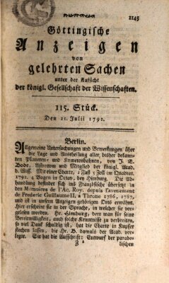 Göttingische Anzeigen von gelehrten Sachen (Göttingische Zeitungen von gelehrten Sachen) Samstag 21. Juli 1792