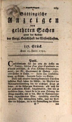 Göttingische Anzeigen von gelehrten Sachen (Göttingische Zeitungen von gelehrten Sachen) Montag 23. Juli 1792