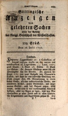 Göttingische Anzeigen von gelehrten Sachen (Göttingische Zeitungen von gelehrten Sachen) Samstag 28. Juli 1792