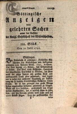 Göttingische Anzeigen von gelehrten Sachen (Göttingische Zeitungen von gelehrten Sachen) Montag 30. Juli 1792