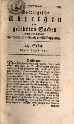 Göttingische Anzeigen von gelehrten Sachen (Göttingische Zeitungen von gelehrten Sachen) Montag 20. August 1792