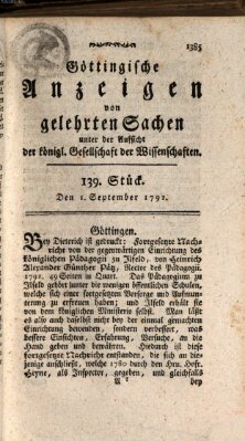 Göttingische Anzeigen von gelehrten Sachen (Göttingische Zeitungen von gelehrten Sachen) Samstag 1. September 1792