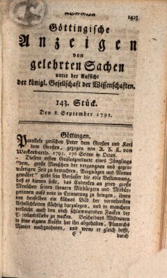 Göttingische Anzeigen von gelehrten Sachen (Göttingische Zeitungen von gelehrten Sachen) Samstag 8. September 1792