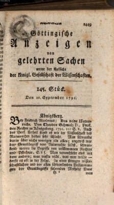 Göttingische Anzeigen von gelehrten Sachen (Göttingische Zeitungen von gelehrten Sachen) Montag 10. September 1792