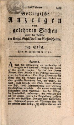 Göttingische Anzeigen von gelehrten Sachen (Göttingische Zeitungen von gelehrten Sachen) Montag 17. September 1792