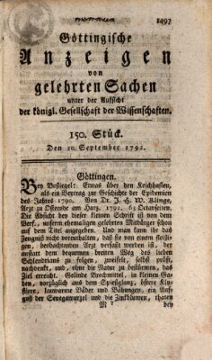 Göttingische Anzeigen von gelehrten Sachen (Göttingische Zeitungen von gelehrten Sachen) Donnerstag 20. September 1792