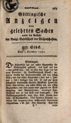 Göttingische Anzeigen von gelehrten Sachen (Göttingische Zeitungen von gelehrten Sachen) Montag 1. Oktober 1792