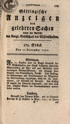 Göttingische Anzeigen von gelehrten Sachen (Göttingische Zeitungen von gelehrten Sachen) Samstag 10. November 1792