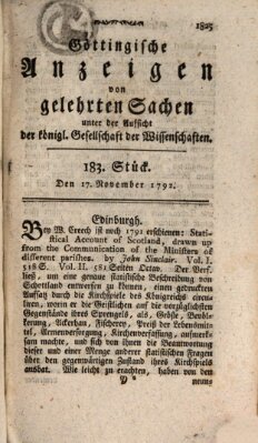 Göttingische Anzeigen von gelehrten Sachen (Göttingische Zeitungen von gelehrten Sachen) Samstag 17. November 1792