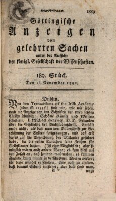 Göttingische Anzeigen von gelehrten Sachen (Göttingische Zeitungen von gelehrten Sachen) Montag 26. November 1792