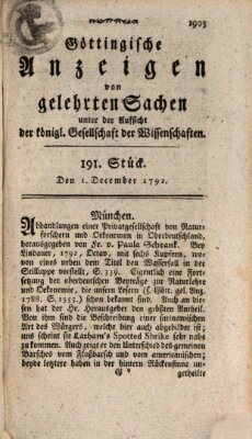 Göttingische Anzeigen von gelehrten Sachen (Göttingische Zeitungen von gelehrten Sachen) Samstag 1. Dezember 1792