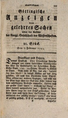 Göttingische Anzeigen von gelehrten Sachen (Göttingische Zeitungen von gelehrten Sachen) Donnerstag 7. Februar 1793