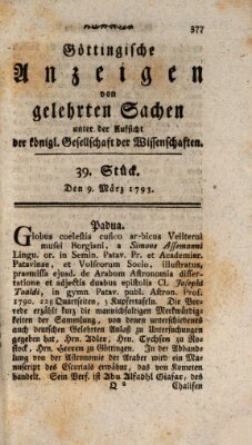 Göttingische Anzeigen von gelehrten Sachen (Göttingische Zeitungen von gelehrten Sachen) Samstag 9. März 1793