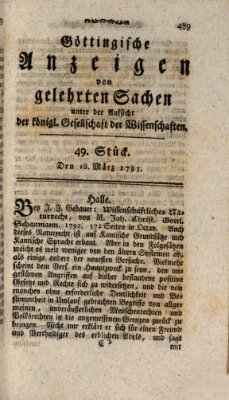 Göttingische Anzeigen von gelehrten Sachen (Göttingische Zeitungen von gelehrten Sachen) Donnerstag 28. März 1793