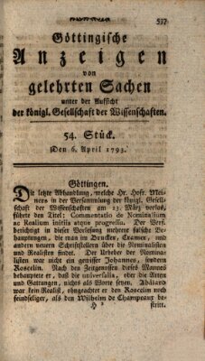 Göttingische Anzeigen von gelehrten Sachen (Göttingische Zeitungen von gelehrten Sachen) Samstag 6. April 1793