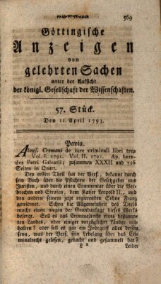 Göttingische Anzeigen von gelehrten Sachen (Göttingische Zeitungen von gelehrten Sachen) Donnerstag 11. April 1793