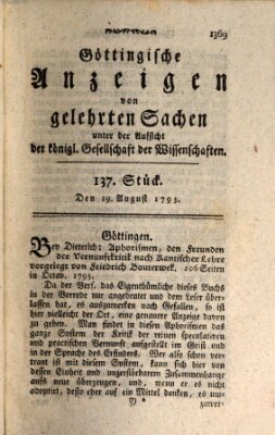 Göttingische Anzeigen von gelehrten Sachen (Göttingische Zeitungen von gelehrten Sachen) Donnerstag 29. August 1793