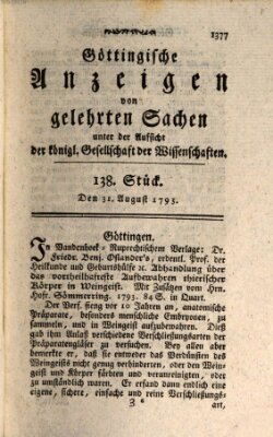 Göttingische Anzeigen von gelehrten Sachen (Göttingische Zeitungen von gelehrten Sachen) Samstag 31. August 1793