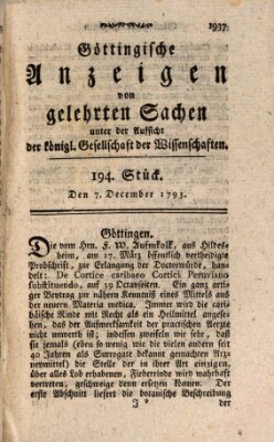 Göttingische Anzeigen von gelehrten Sachen (Göttingische Zeitungen von gelehrten Sachen) Samstag 7. Dezember 1793