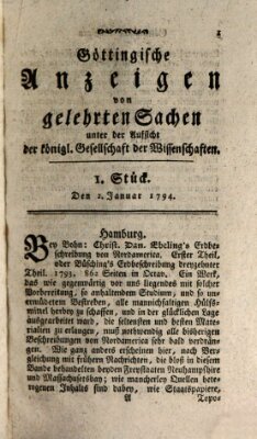 Göttingische Anzeigen von gelehrten Sachen (Göttingische Zeitungen von gelehrten Sachen) Donnerstag 2. Januar 1794