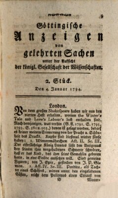 Göttingische Anzeigen von gelehrten Sachen (Göttingische Zeitungen von gelehrten Sachen) Samstag 4. Januar 1794