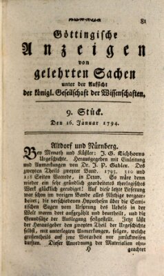 Göttingische Anzeigen von gelehrten Sachen (Göttingische Zeitungen von gelehrten Sachen) Donnerstag 16. Januar 1794