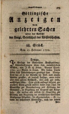 Göttingische Anzeigen von gelehrten Sachen (Göttingische Zeitungen von gelehrten Sachen) Montag 17. Februar 1794