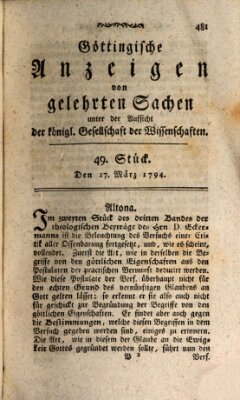 Göttingische Anzeigen von gelehrten Sachen (Göttingische Zeitungen von gelehrten Sachen) Donnerstag 27. März 1794