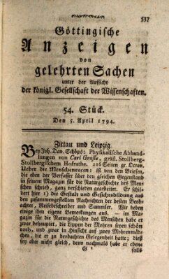 Göttingische Anzeigen von gelehrten Sachen (Göttingische Zeitungen von gelehrten Sachen) Samstag 5. April 1794