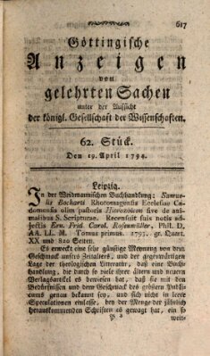 Göttingische Anzeigen von gelehrten Sachen (Göttingische Zeitungen von gelehrten Sachen) Samstag 19. April 1794