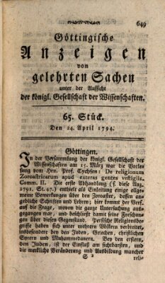 Göttingische Anzeigen von gelehrten Sachen (Göttingische Zeitungen von gelehrten Sachen) Donnerstag 24. April 1794