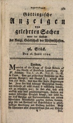 Göttingische Anzeigen von gelehrten Sachen (Göttingische Zeitungen von gelehrten Sachen) Montag 16. Juni 1794