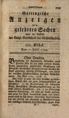 Göttingische Anzeigen von gelehrten Sachen (Göttingische Zeitungen von gelehrten Sachen) Samstag 12. Juli 1794