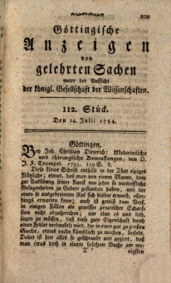 Göttingische Anzeigen von gelehrten Sachen (Göttingische Zeitungen von gelehrten Sachen) Montag 14. Juli 1794