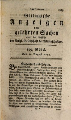 Göttingische Anzeigen von gelehrten Sachen (Göttingische Zeitungen von gelehrten Sachen) Donnerstag 14. August 1794