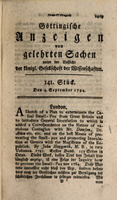 Göttingische Anzeigen von gelehrten Sachen (Göttingische Zeitungen von gelehrten Sachen) Donnerstag 4. September 1794